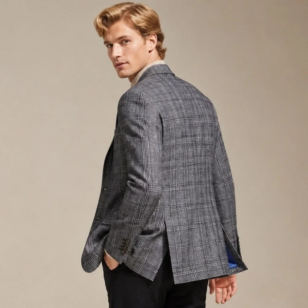 Joseph Abboud Heritage 44R Blazer Lanificio di Pray Italian Wool Grey Blue Plaid